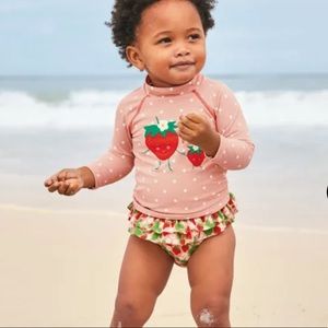 Baby Boden Bathing Suit Rash Guard Set- Boto Pink Ditsy Strawberries, 6-9 Months